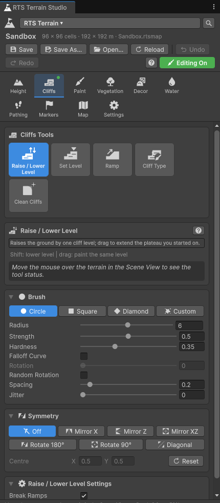 The RTS Terrain Studio editor window with the Cliffs tab open