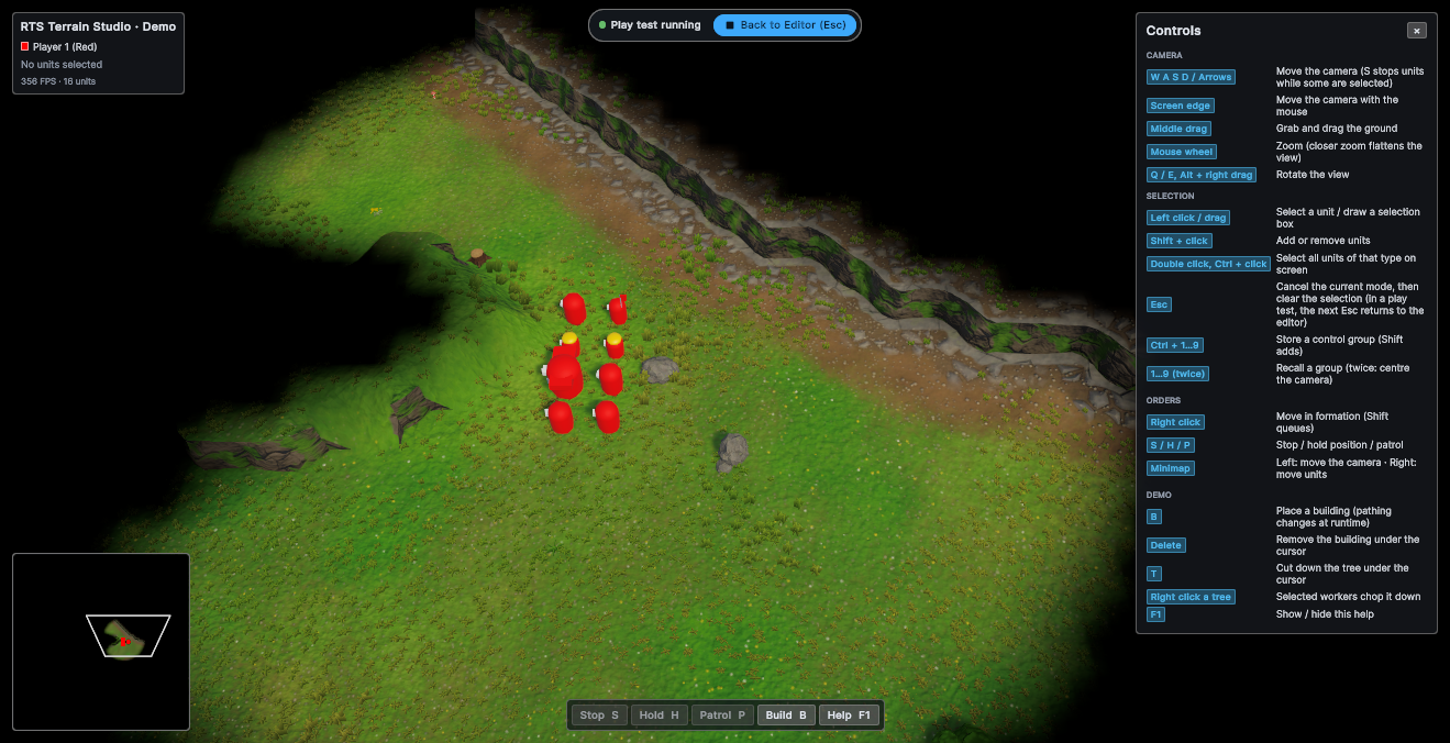 A play test inside the in-game editor with units, minimap, HUD and controls panel