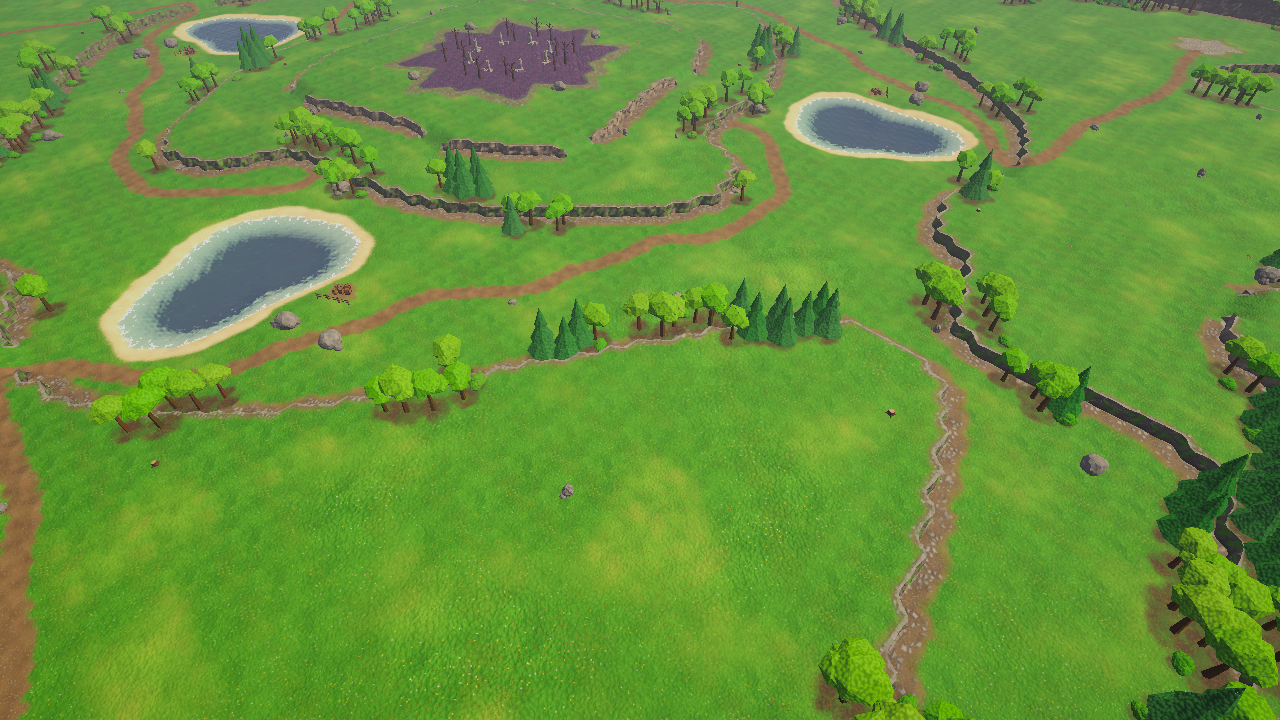 The Four Kingdoms (4p) demo map with lakes, cliffs, roads, forests and the blighted centre